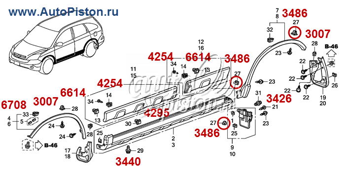 90664-SB3-003 (90664SB3003) Автокрепёж для иномарок. Схема крепления авто пистоны и клипсы.