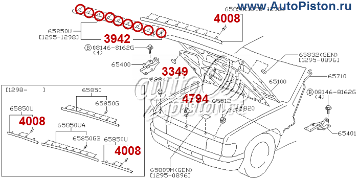 65810-K2002 (65810K2002) Автокрепёж для иномарок. Схема крепления авто пистоны и клипсы.