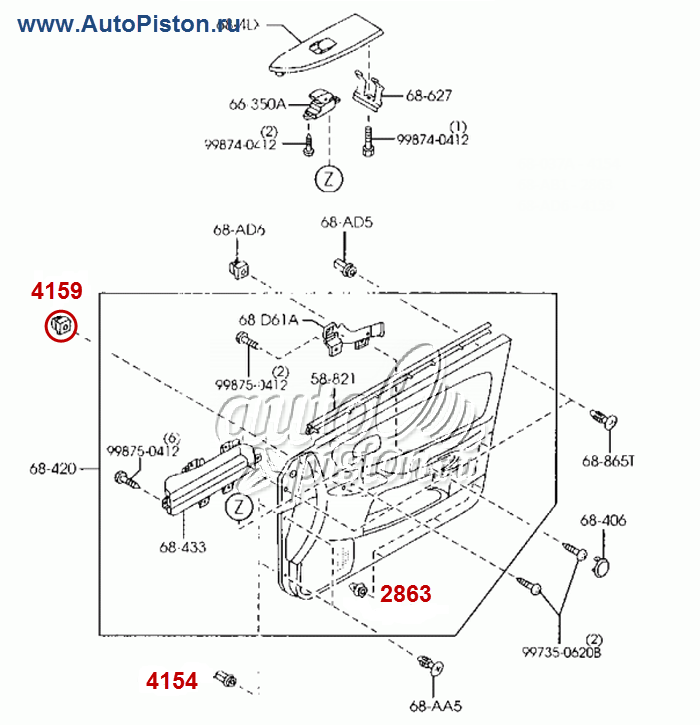 B481-68-AD6 (B48168AD6) Автокрепёж для иномарок. Схема крепления авто пистоны и клипсы.
